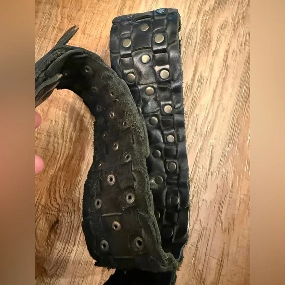 Black Leather Belt with Brass Buckle &Rivets all around